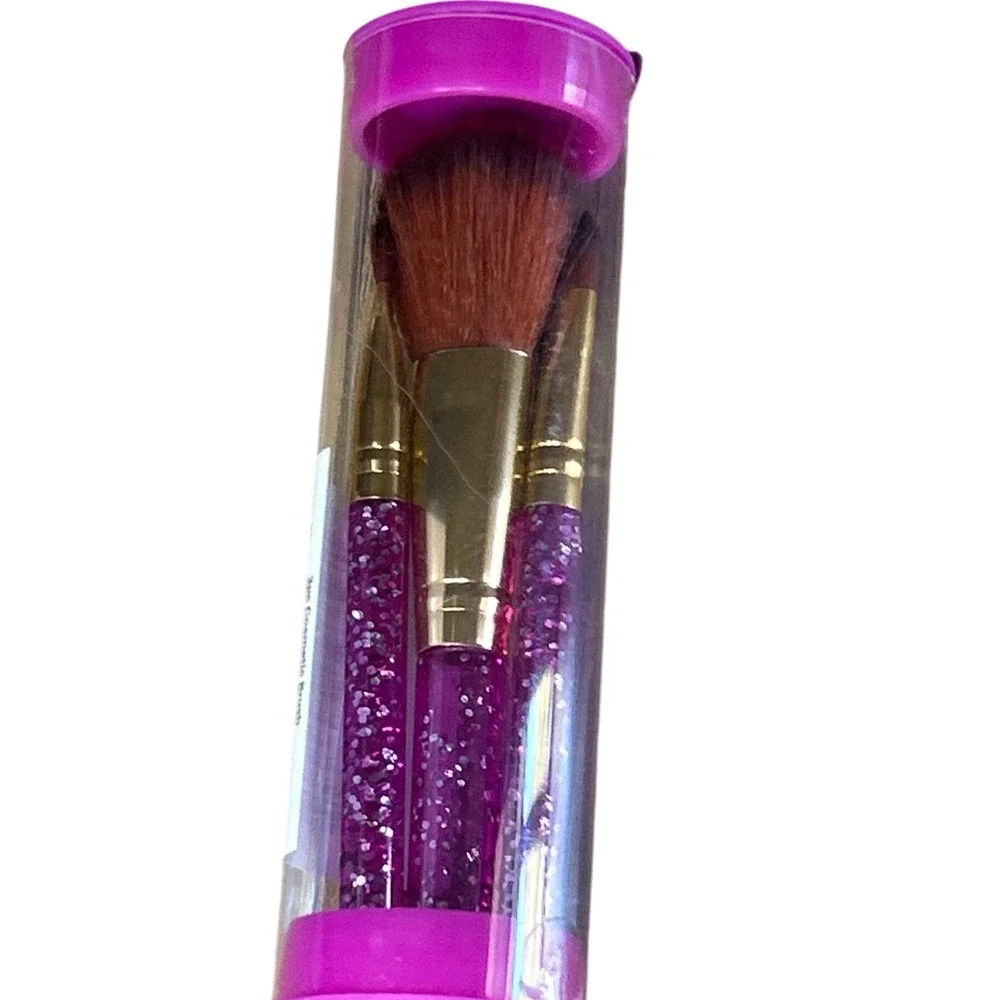 Pink Glitter Cosmetic Makeup‎ Brushes 3 Piece Set with Clear Tube